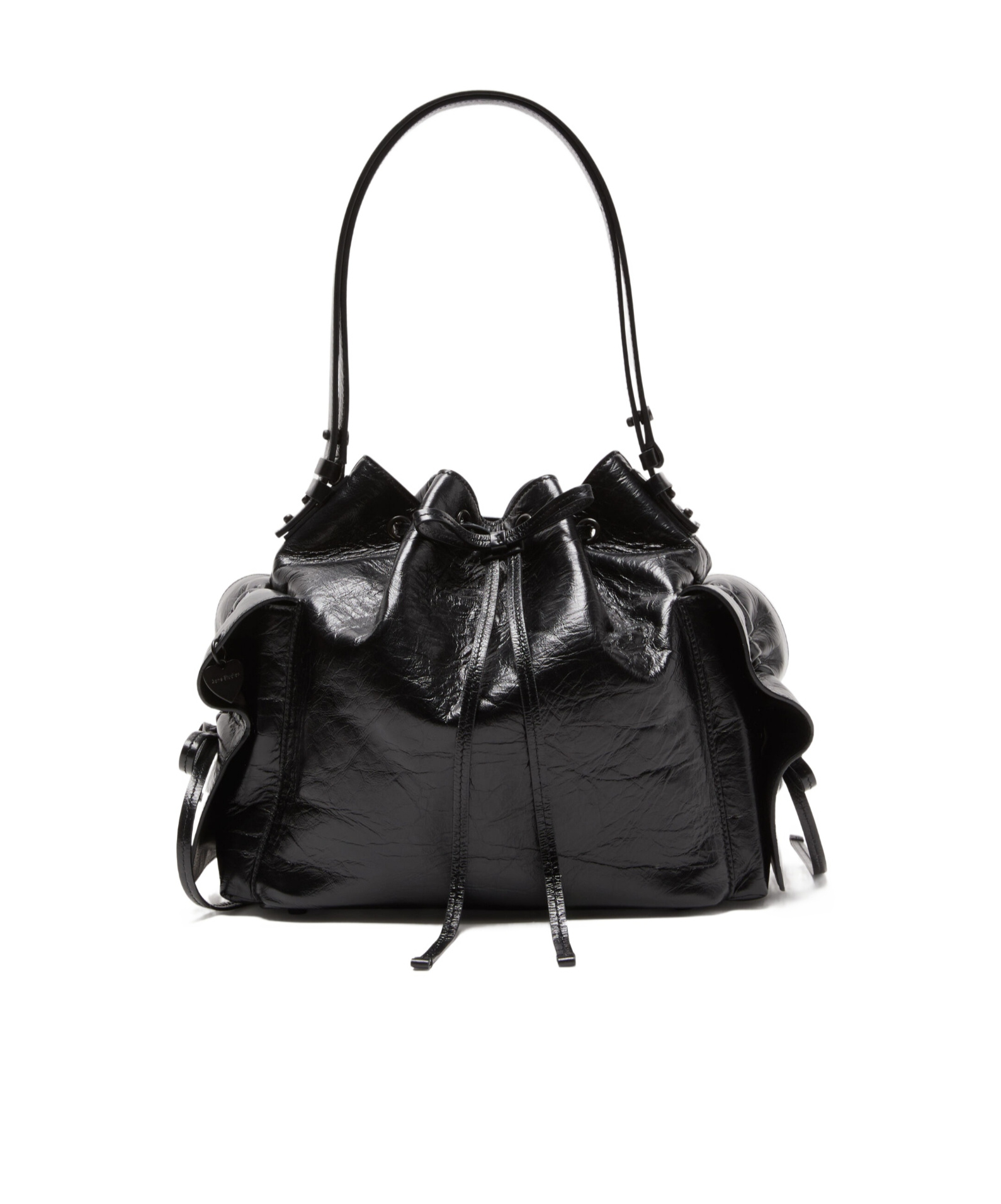 Acne Studios Drawstring Ruffled Leather Shoulder Bag In Black