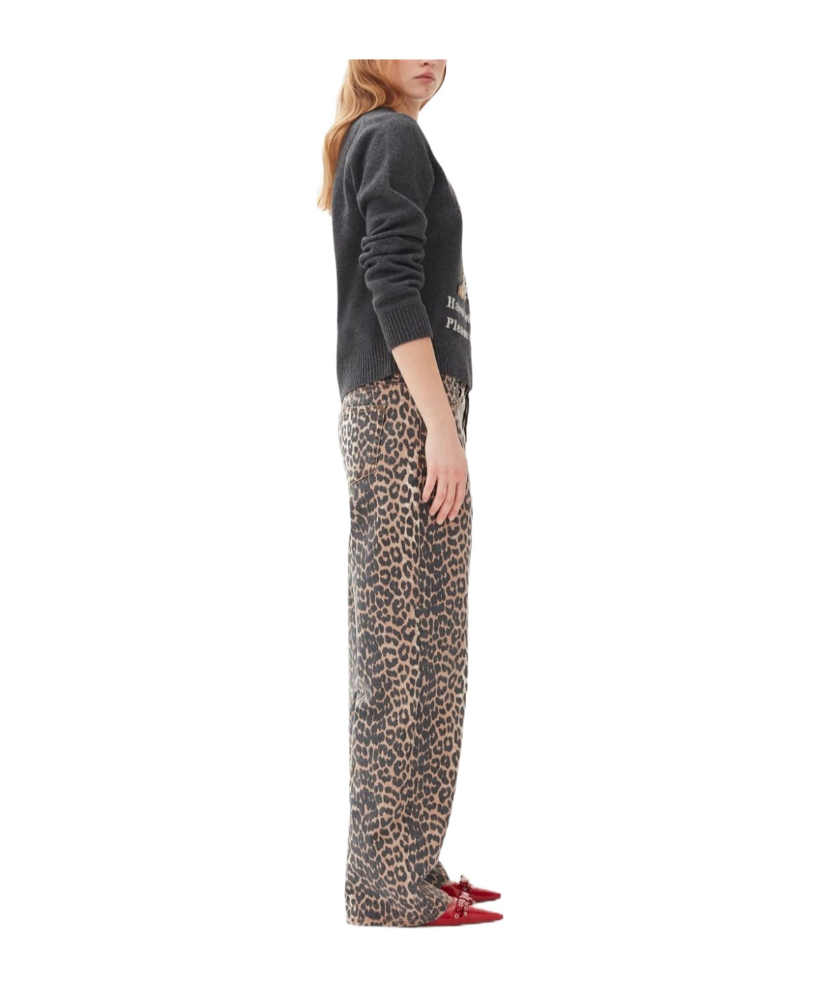 Ganni Leopard Print Straight-leg Jeans In Nude