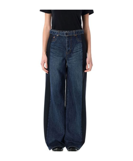 Sacai Denim Suiting Wide Leg Belted Pants In Blue