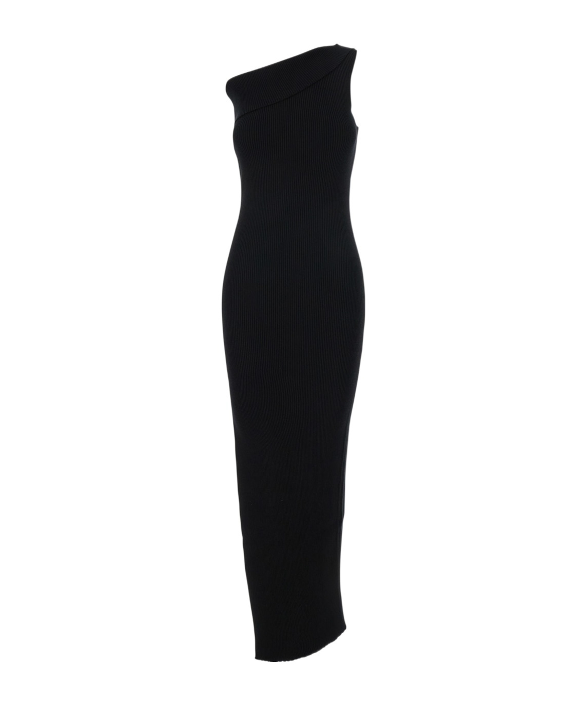 Rick Owens Athena Long Black Ribbed One Shoulder Dress In Wool In Black