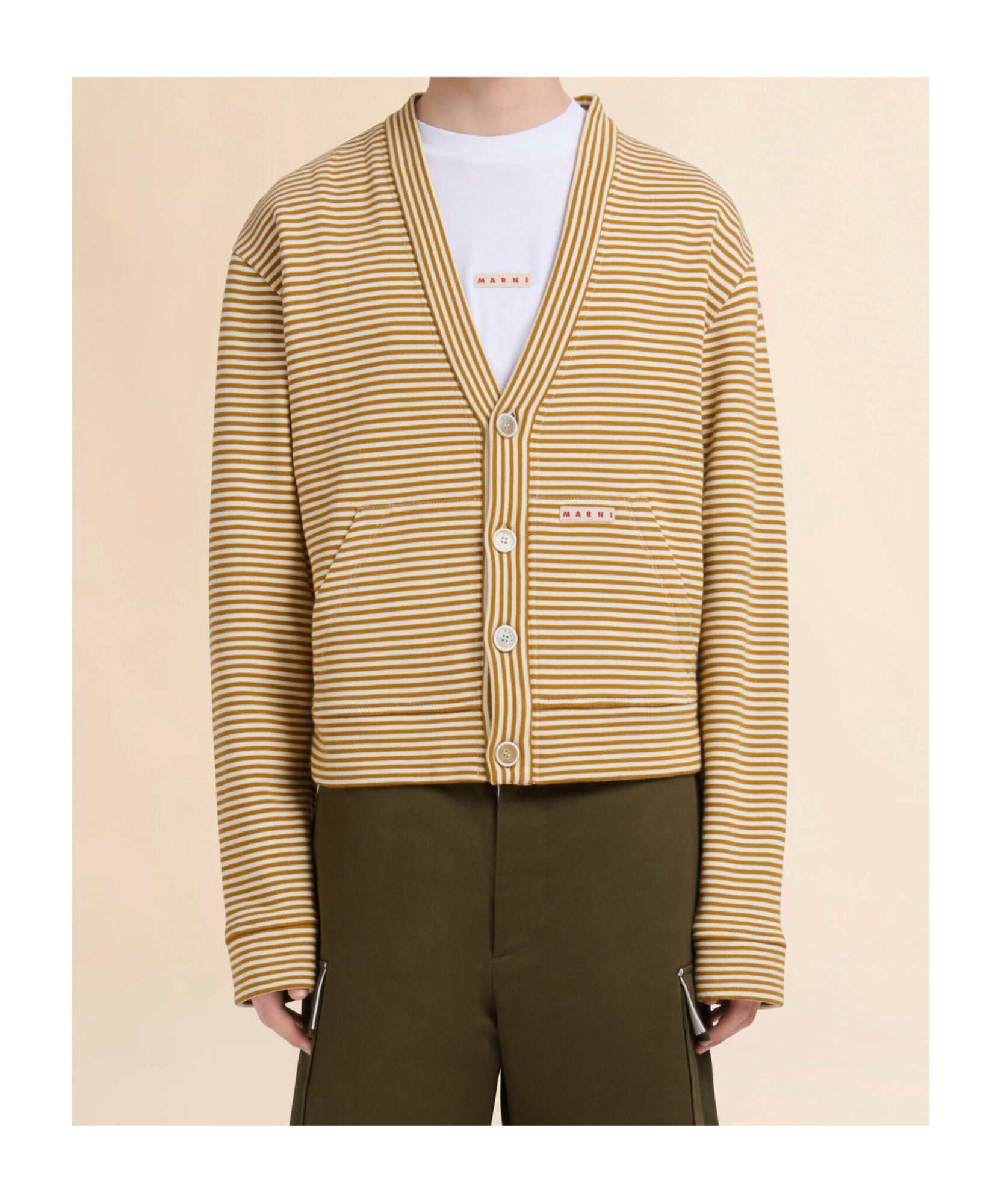 Marni Cropped Cardigan Sweater With Horizontal Stripes And Logo Detail In Brown