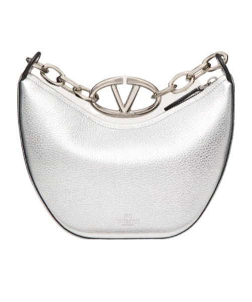 Shop Valentino Vlogo Moon Mini Hobo Bag In Metallic Grainy Calfskin With Chain In White