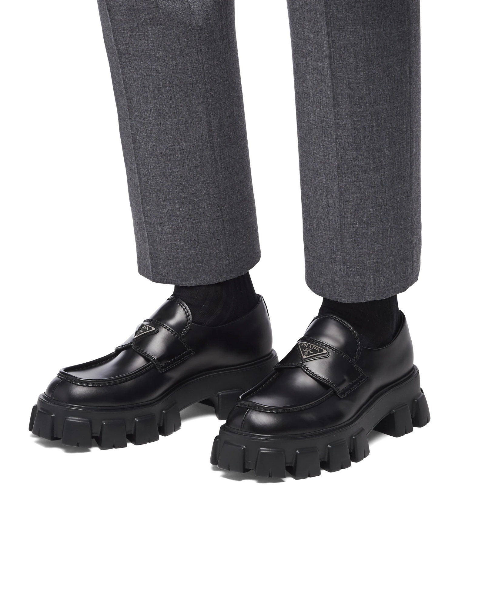 Prada Monolith Patent Leather Flatform Loafers In Black
