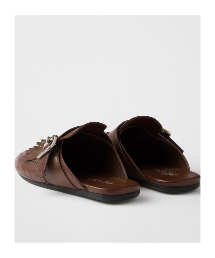 Prada Cognac Leather Shuffle Fringed Mules In Brown