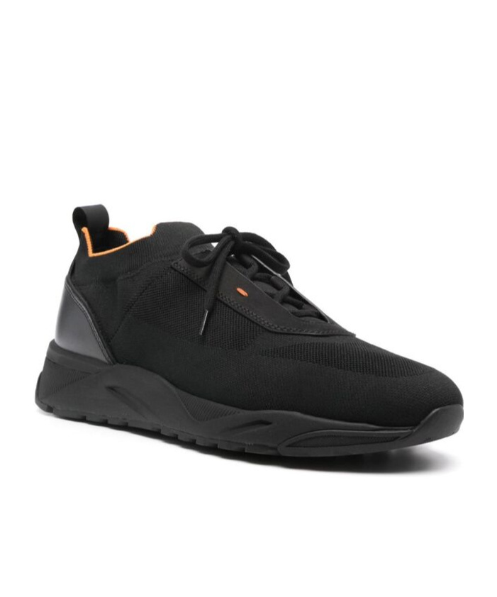 Santoni Lace-up Leather And Fabric Sneakers In Black