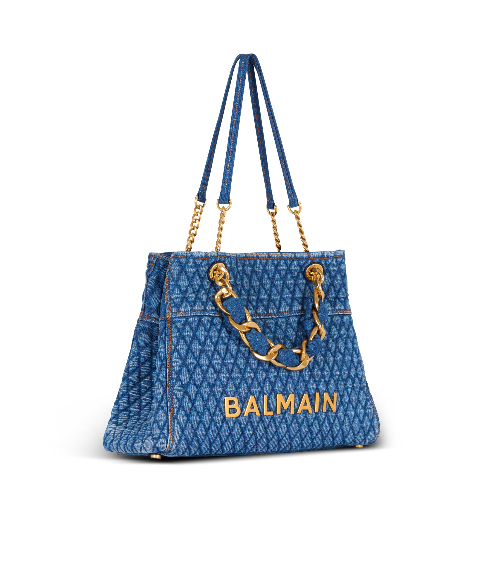 Balmain 1945 Soft Tote Bag In Diamond-quilted Denim In Blue
