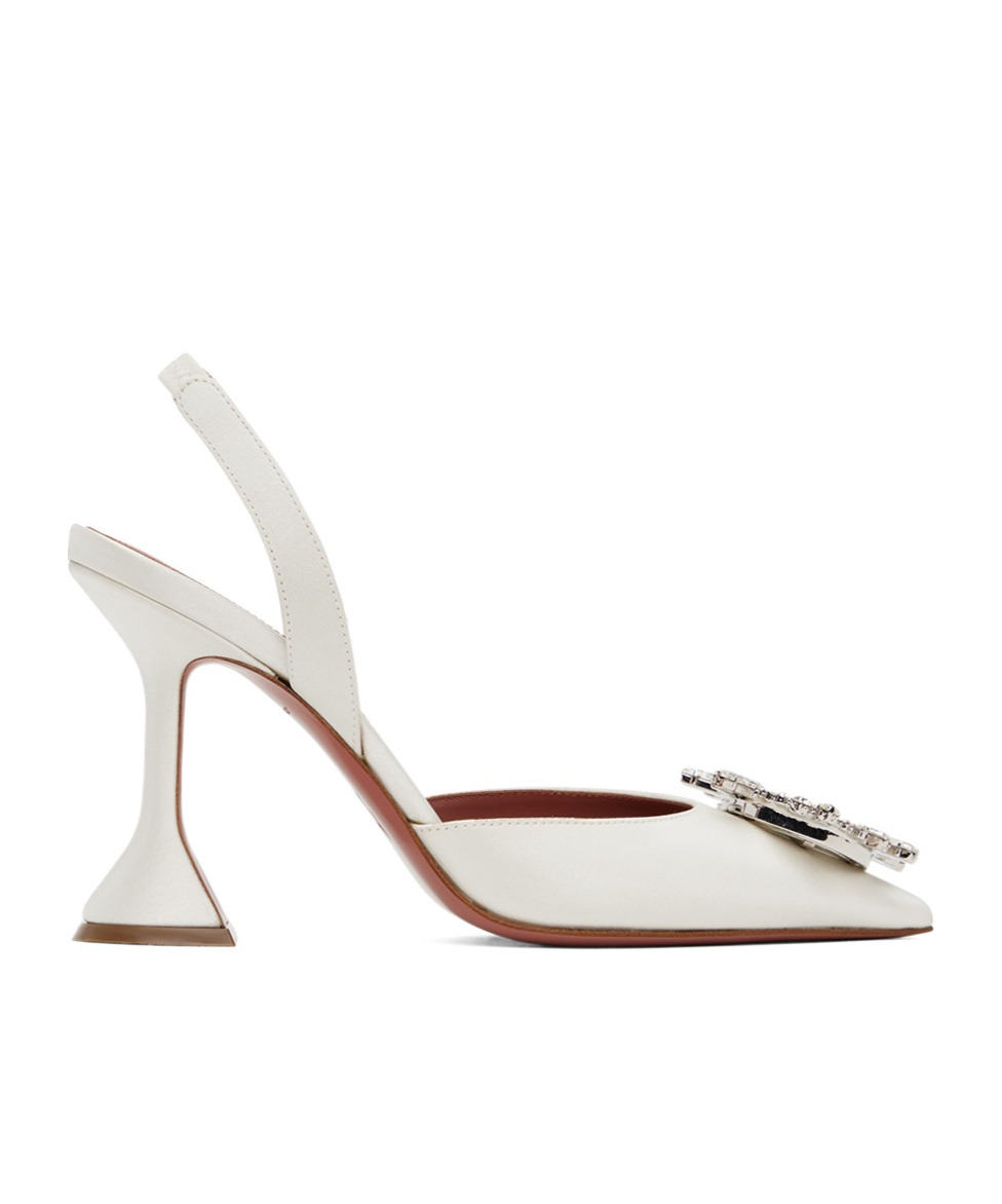 Amina Muaddi White Silk Satin Slingback Pumps In White