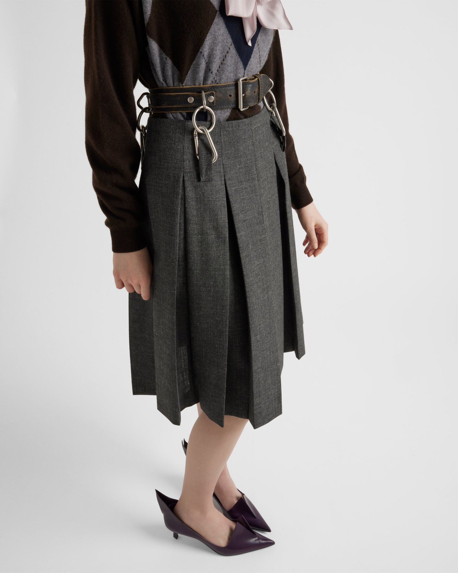 Prada Suspended Leather Belt Pleated Wool Skirt In Limestone Ash