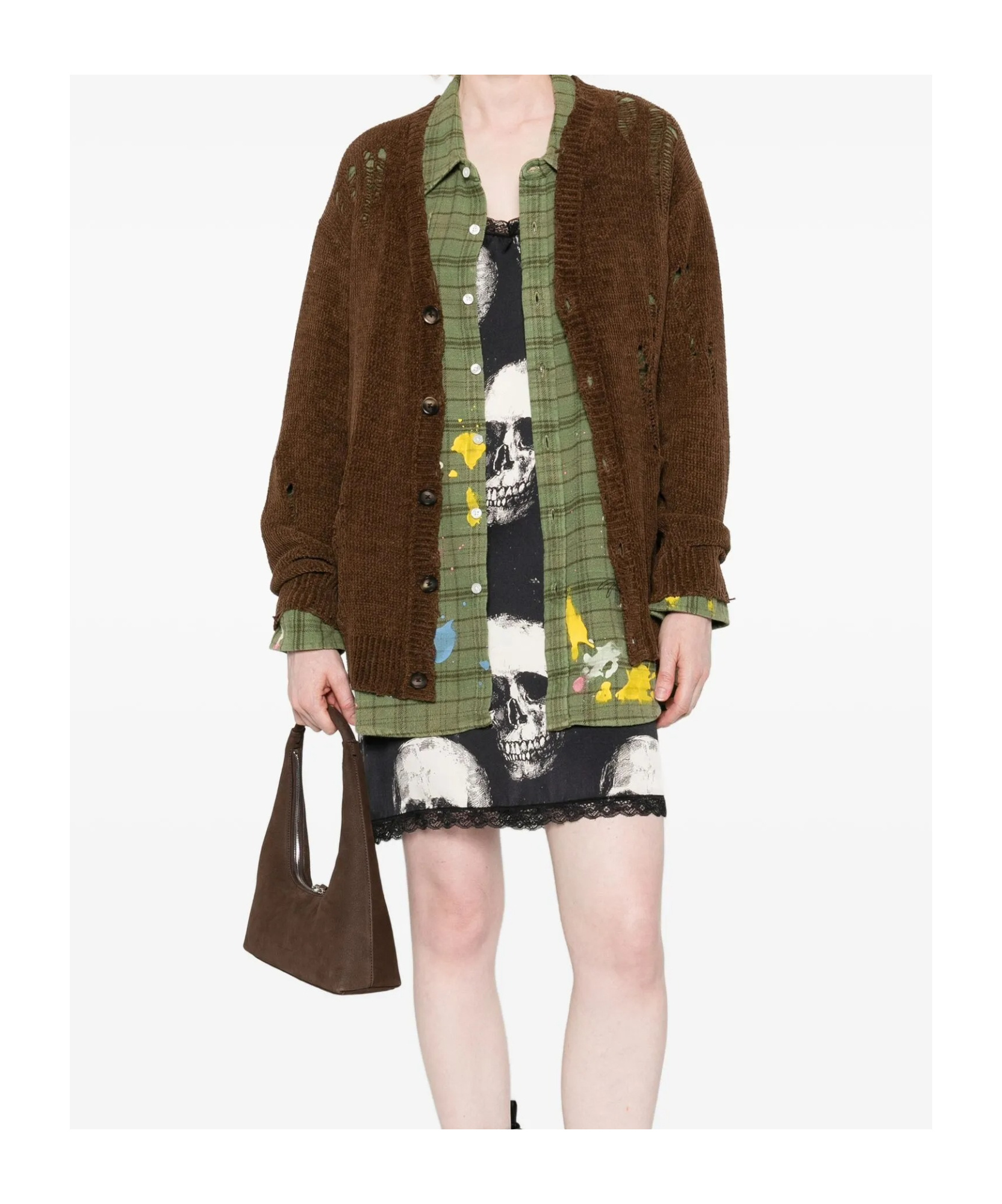 R13 Boyfriend Distressed Button-down Cardigan In Brown