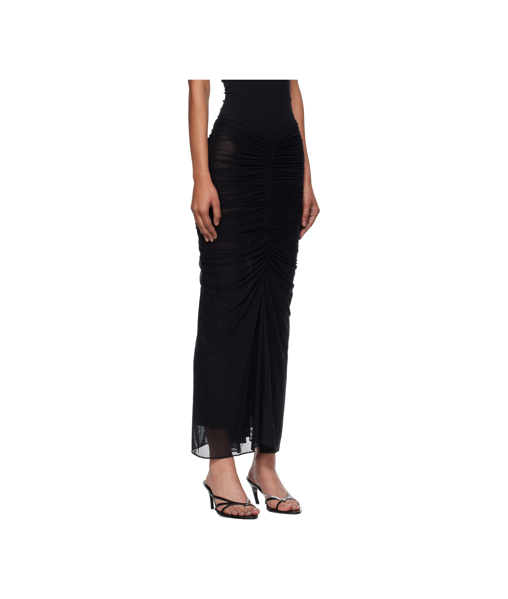 Mugler Black Ruched Mesh Midi Skirt In Black