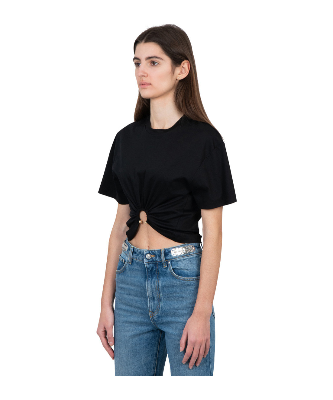 Rabanne Piercing Cropped T-shirt In Black Cotton In Black