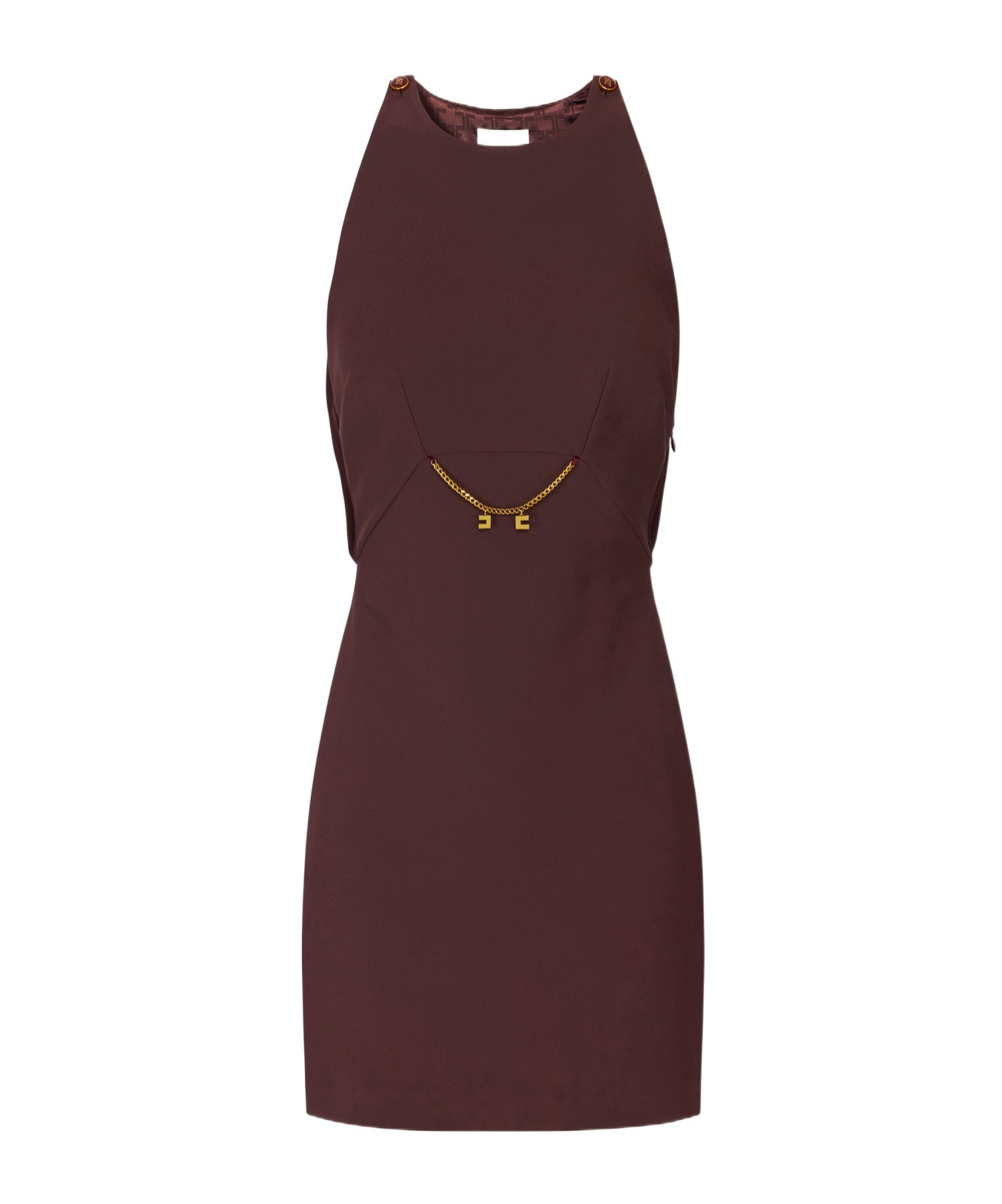 Elisabetta Franchi Bordeaux Sleeveless Dress With Chain Decoration On The Front In Fabric Woman In Brown