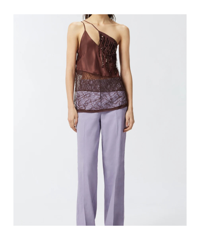 Pinko One-shoulder Satin Top With Lace And Sequins In Brown