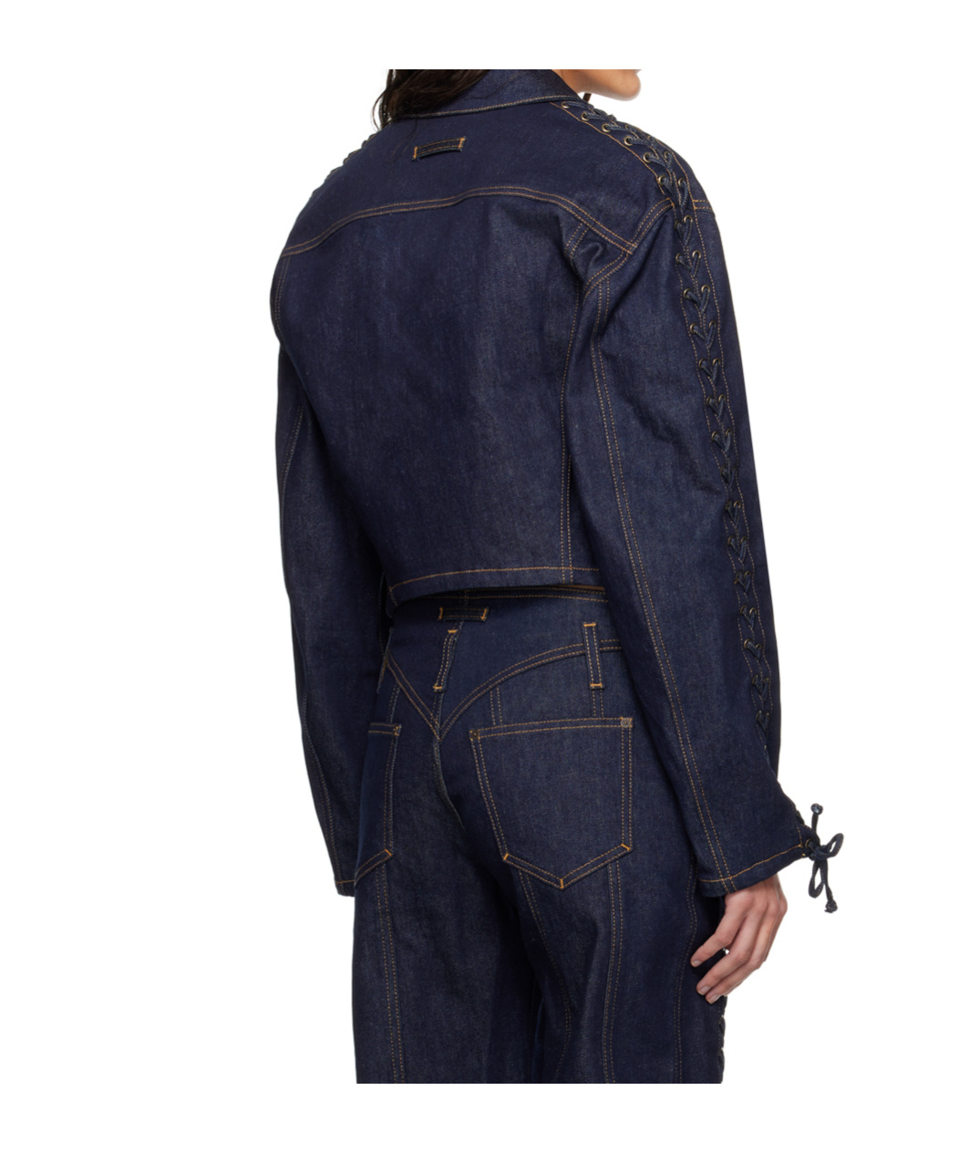 Jean Paul Gaultier Oversized Lace-up Topstitched Denim Jacket In Blue