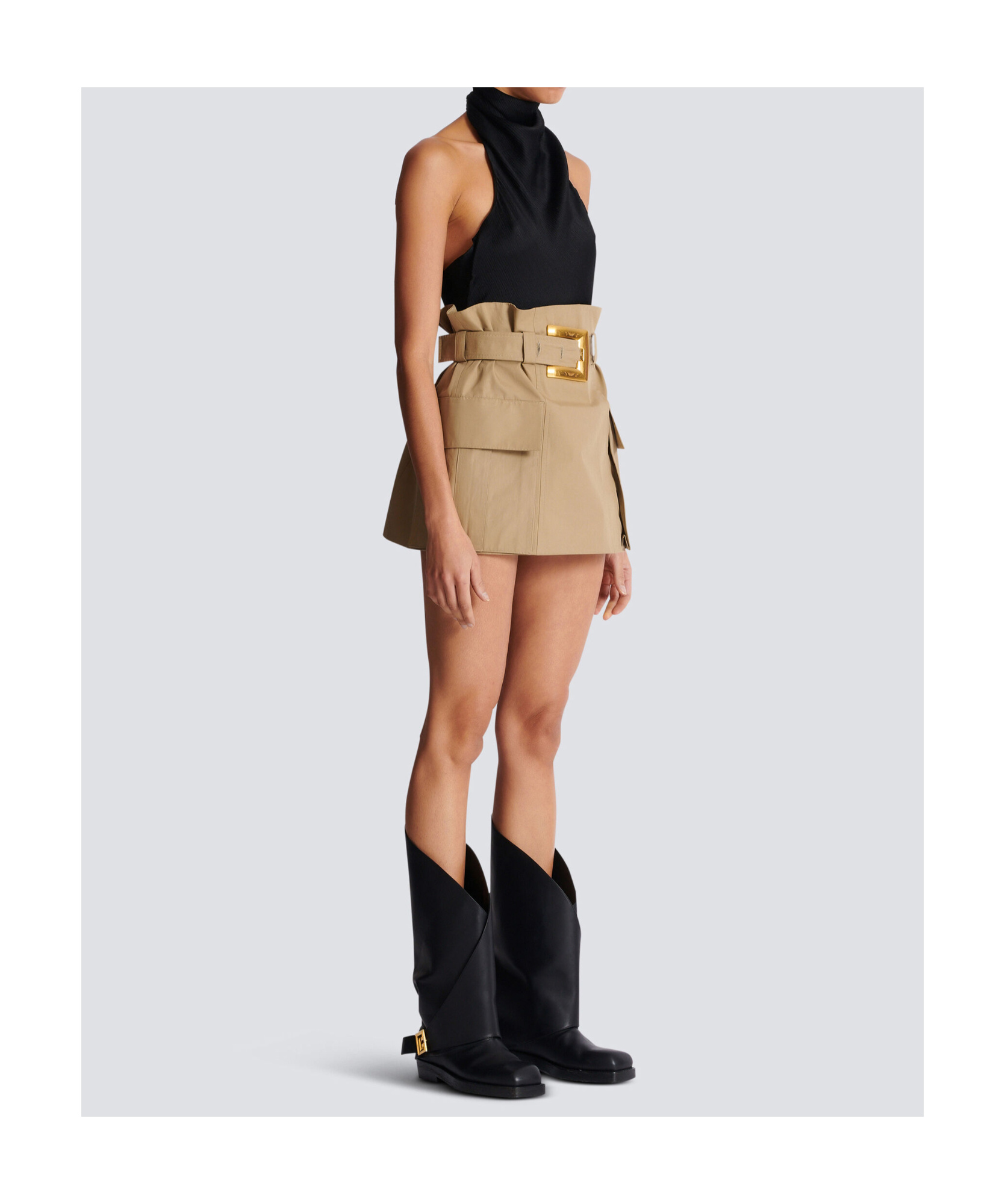 Balmain Cotton Gabardine High-waist Mini Skirt In Brown
