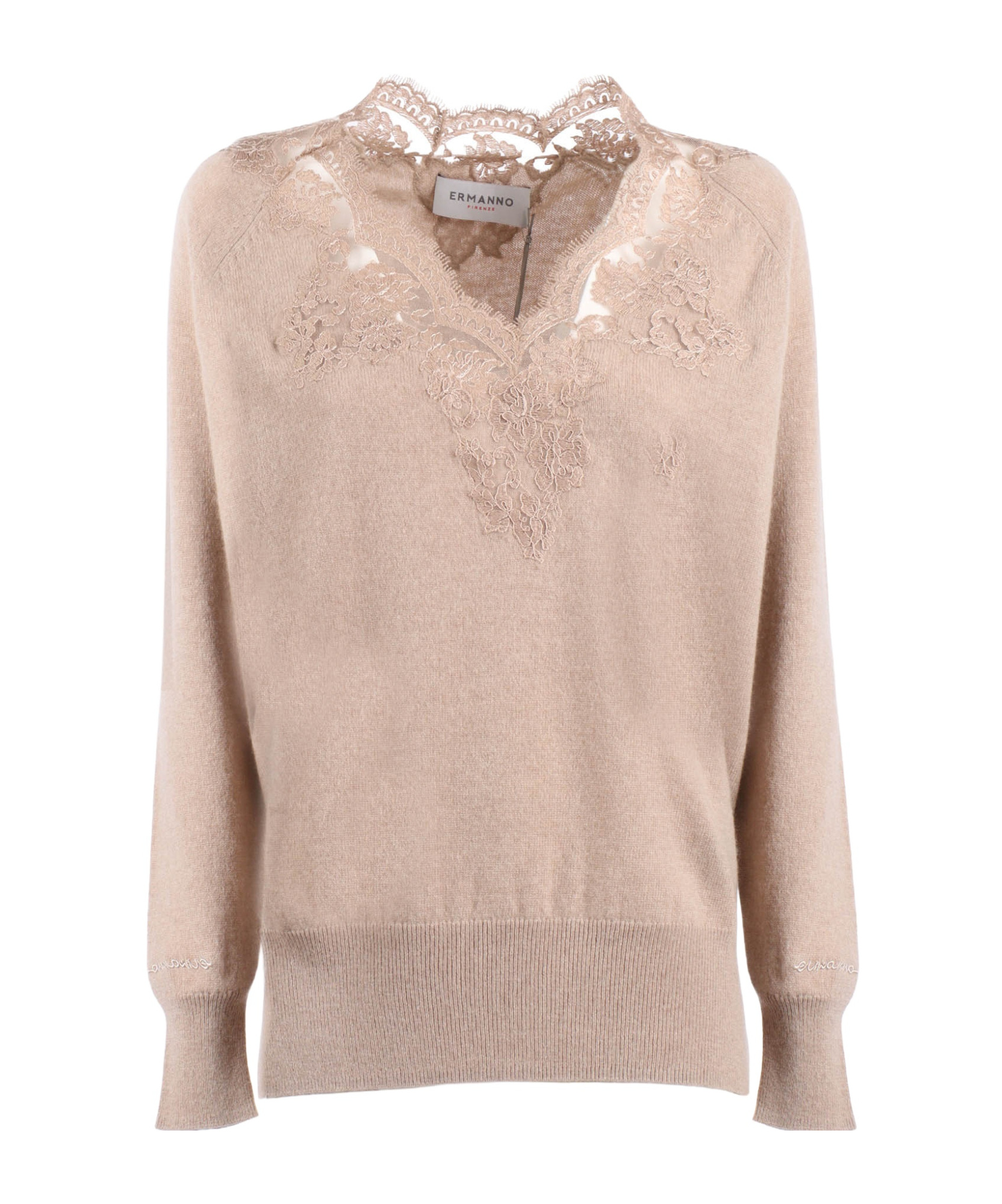 Ermanno Scervino Lace V-neck Sweater In Brown