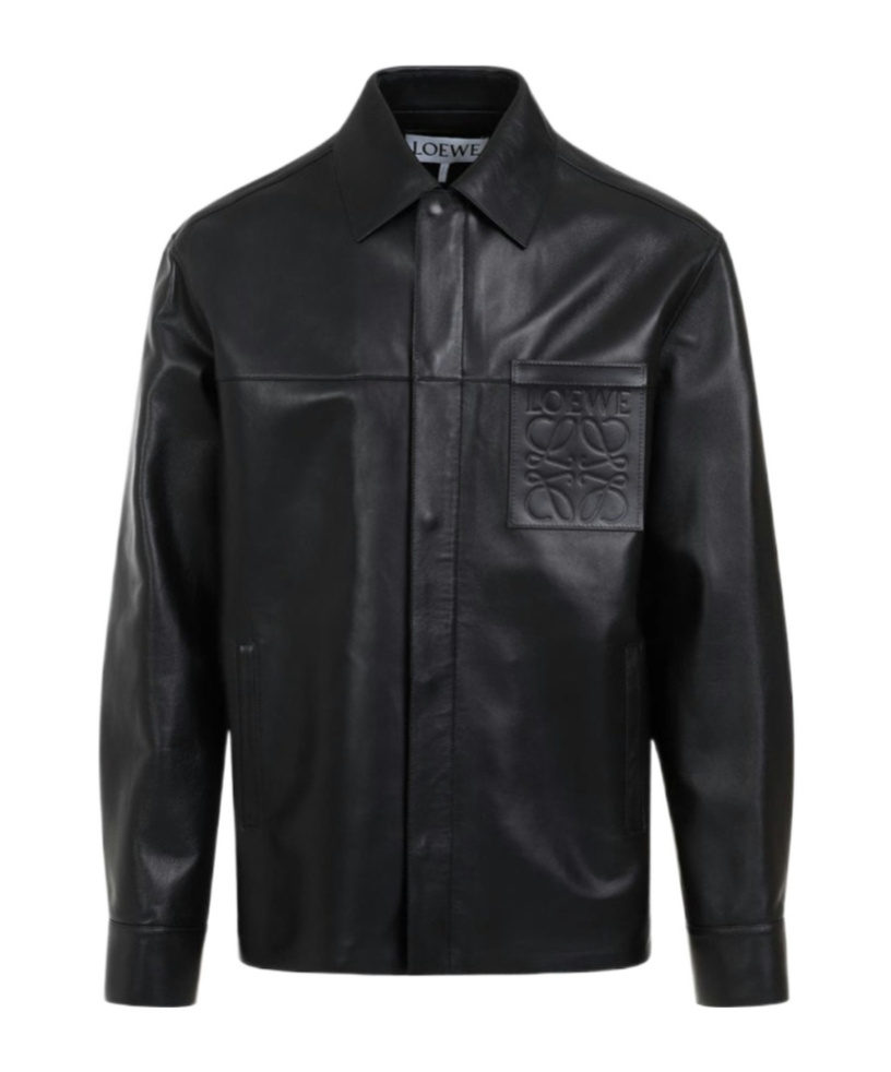 Loewe Anagram Leather Zip-up Overshirt In Black