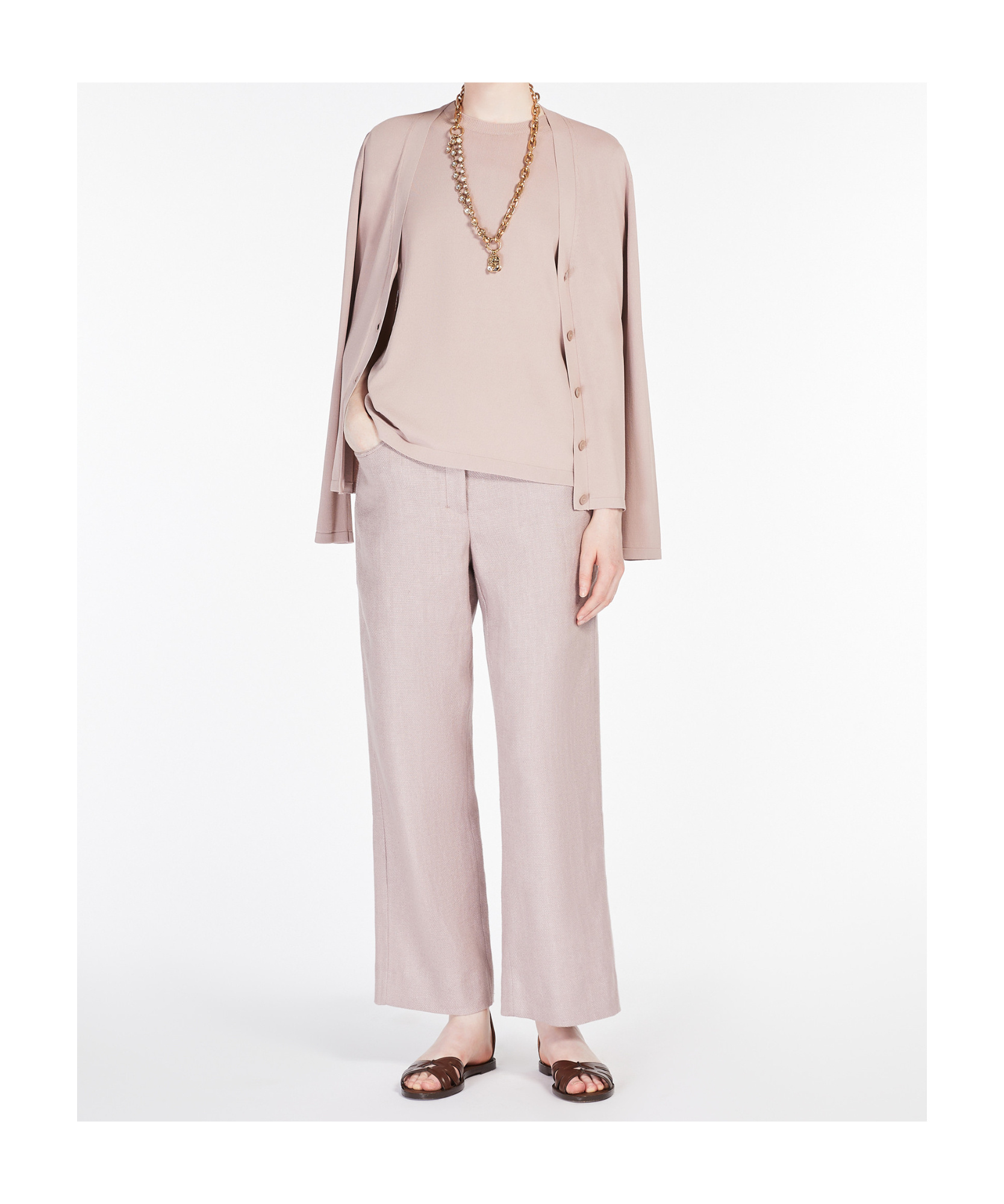 Max Mara Wide-leg Pants In Linen And Cotton Basketweave Fabric In Pink