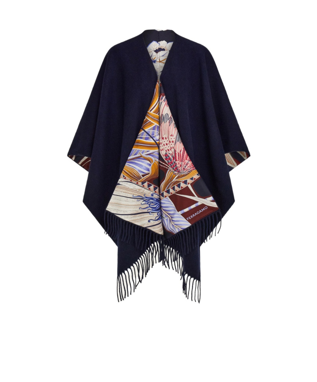 Ferragamo Cashmere And Silk Reversible Cape In Blue