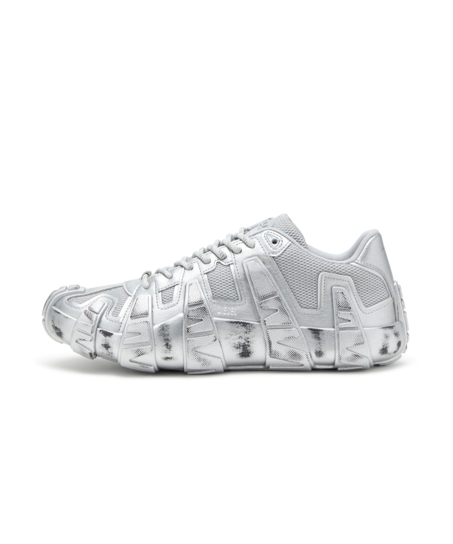 Diesel S-d-griffe-metallic Sneakers In Mesh And Pu In Silver