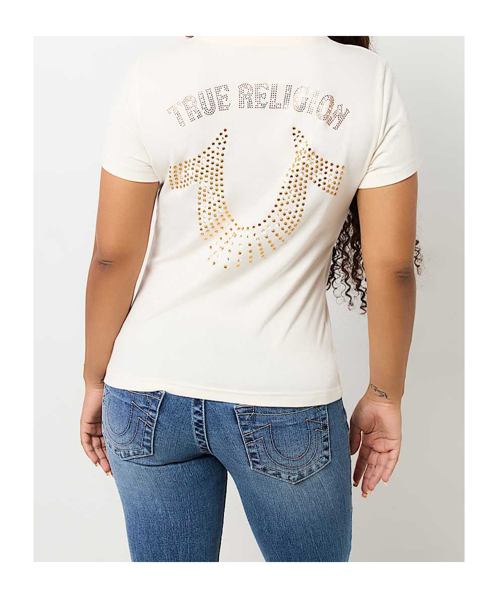 TRUE RELIGION CRYSTAL HORSESHOE V NECK TEE