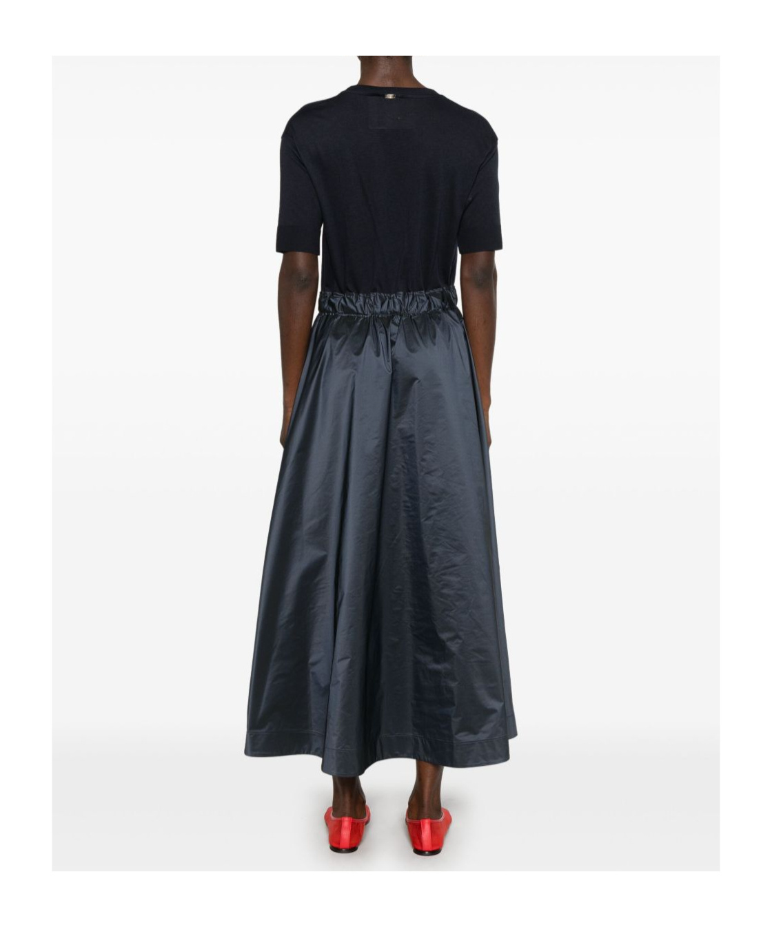 Herno Blue Crewneck Midi Dress With Elastic Drawstring Waist And Panelled Design