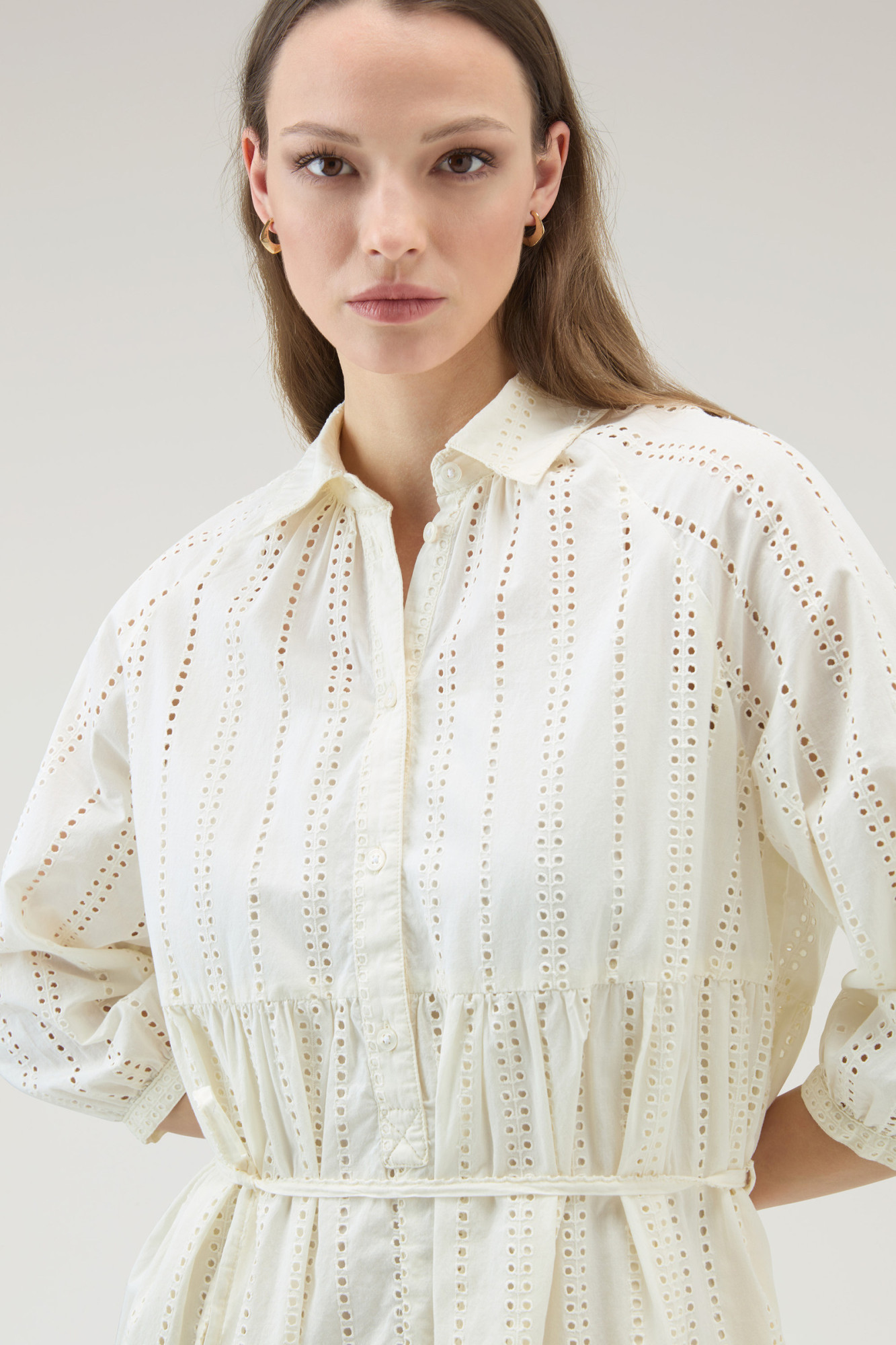Woolrich Tiered Skirt Cotton Shirt Dress With Puff Sleeves In Nude