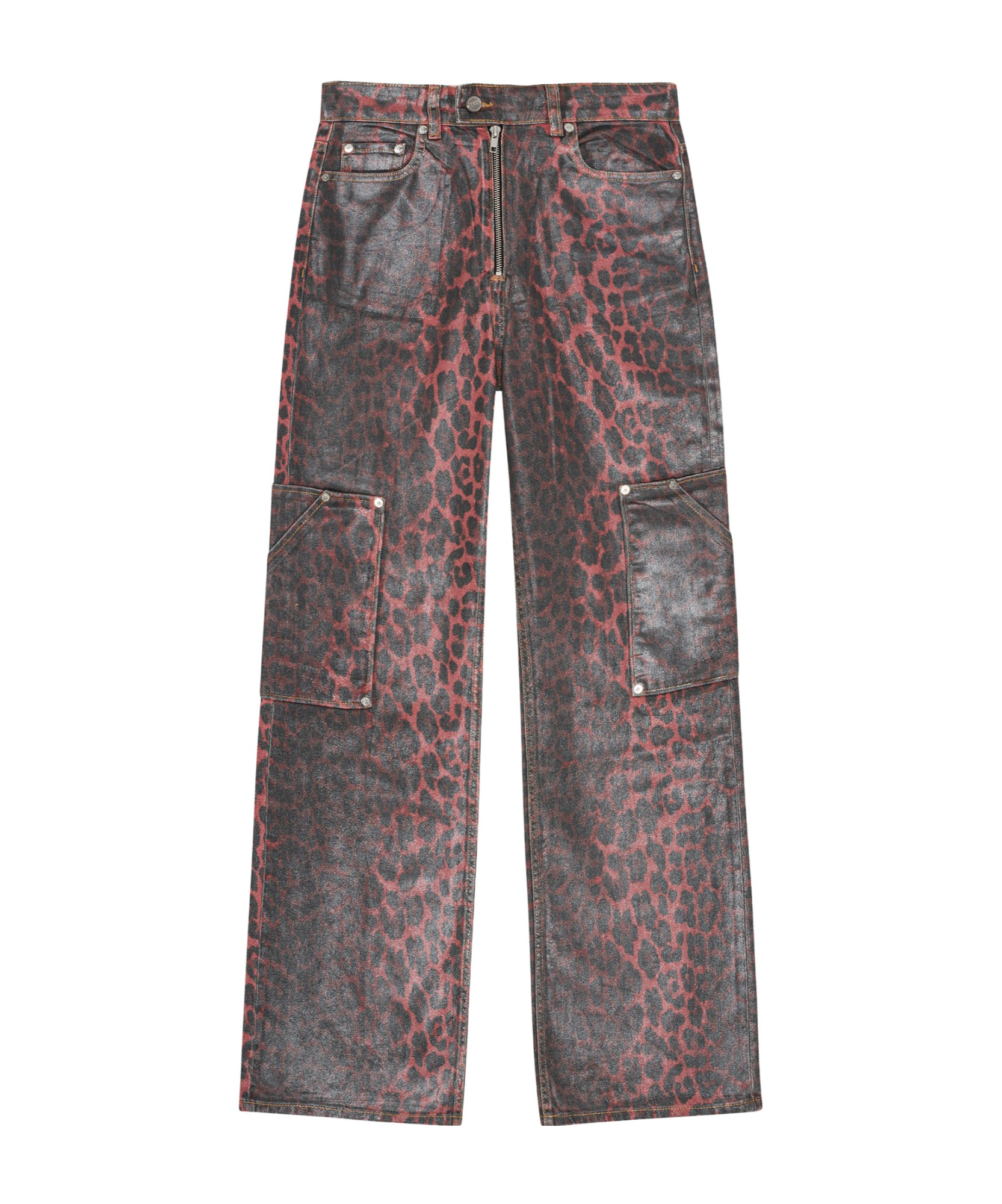 Ganni Red Foil Denim Andi Cargo Jeans In Racing Red