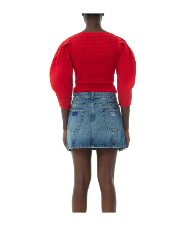 Ganni Smocked Poplin Blouse In Red