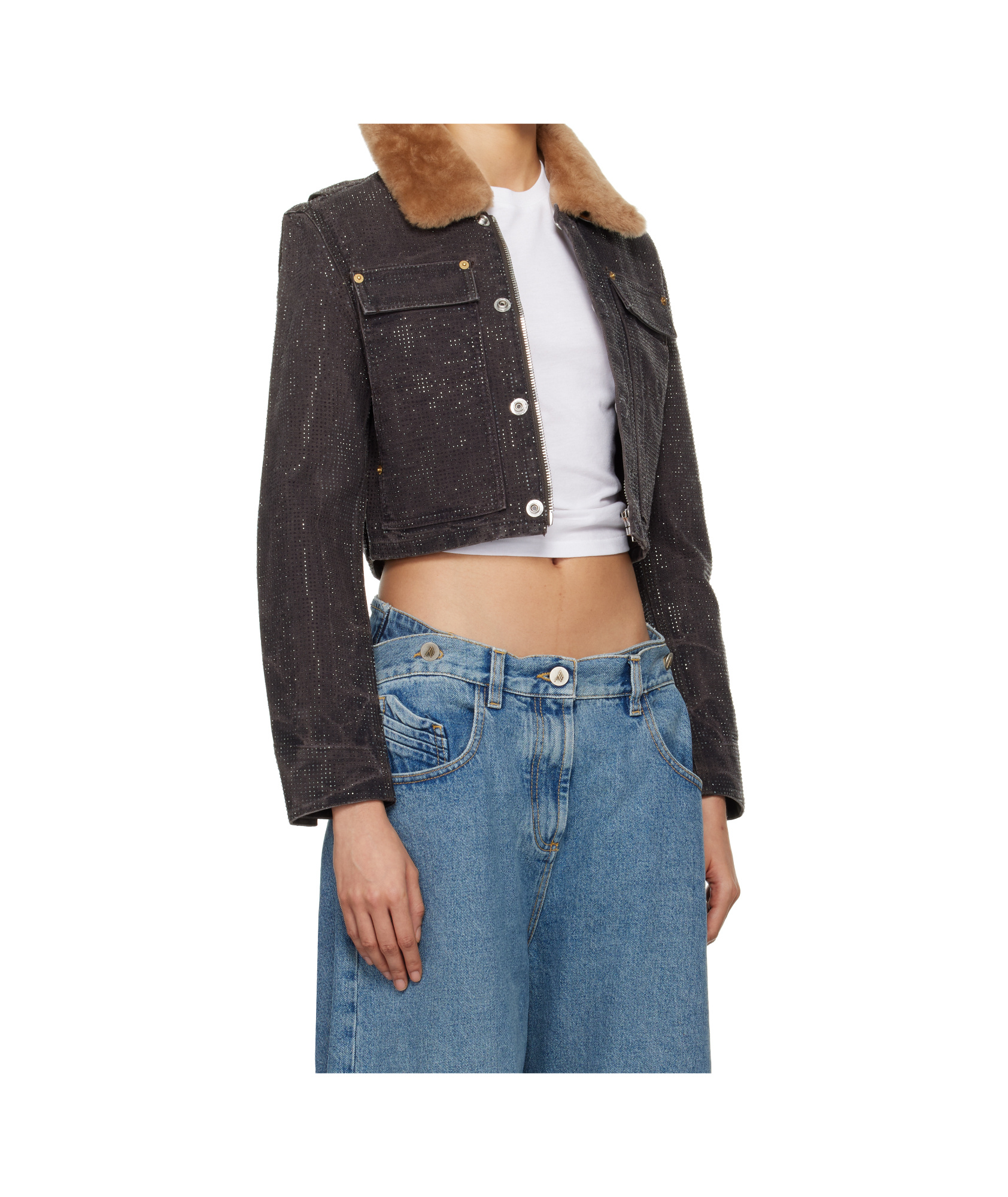 Alexander Wang Hotfix Crystal Shrunken Trucker Jacket In Multicolor