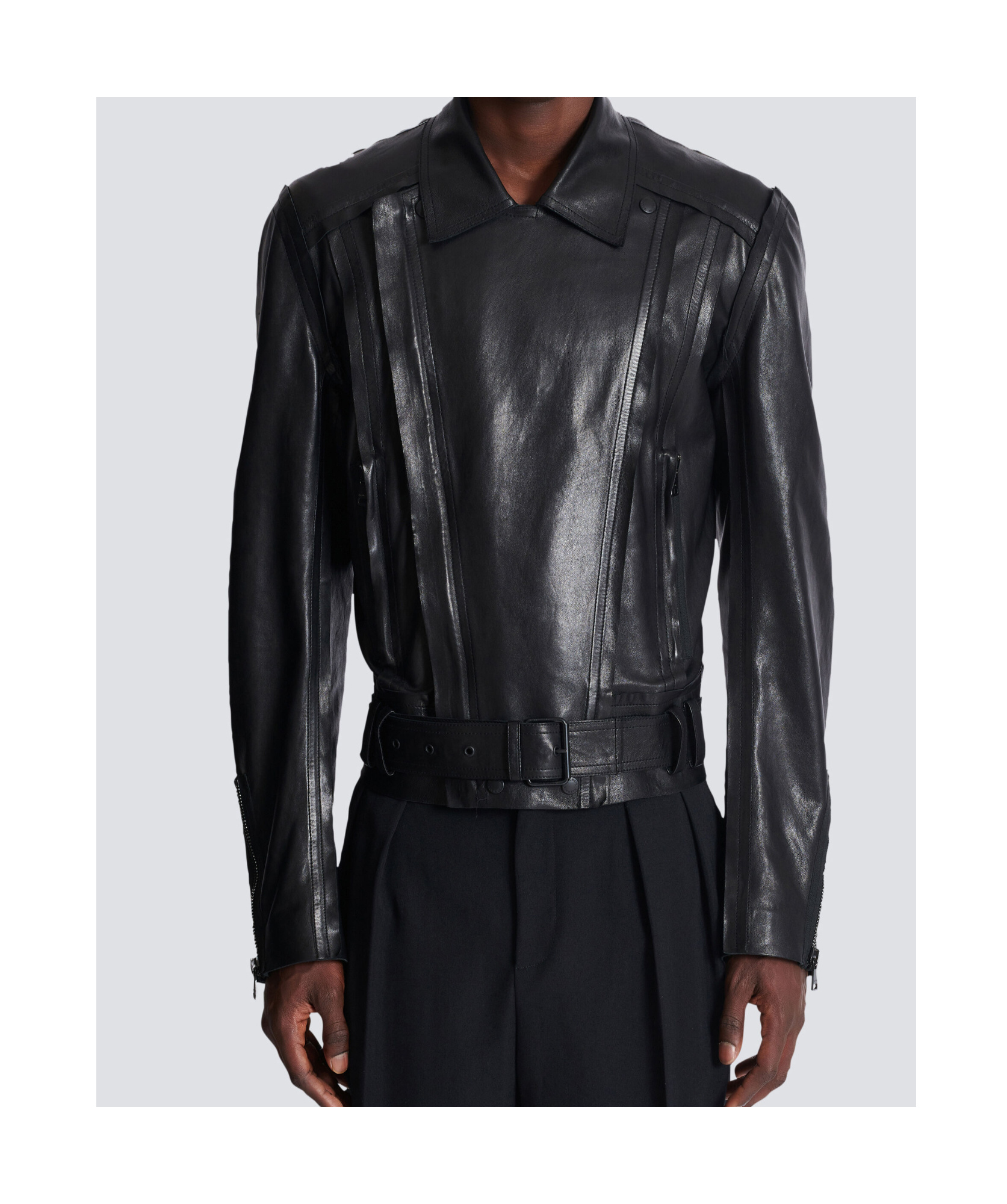 Balmain Lightweight Lambskin Leather Biker Jacket In Black