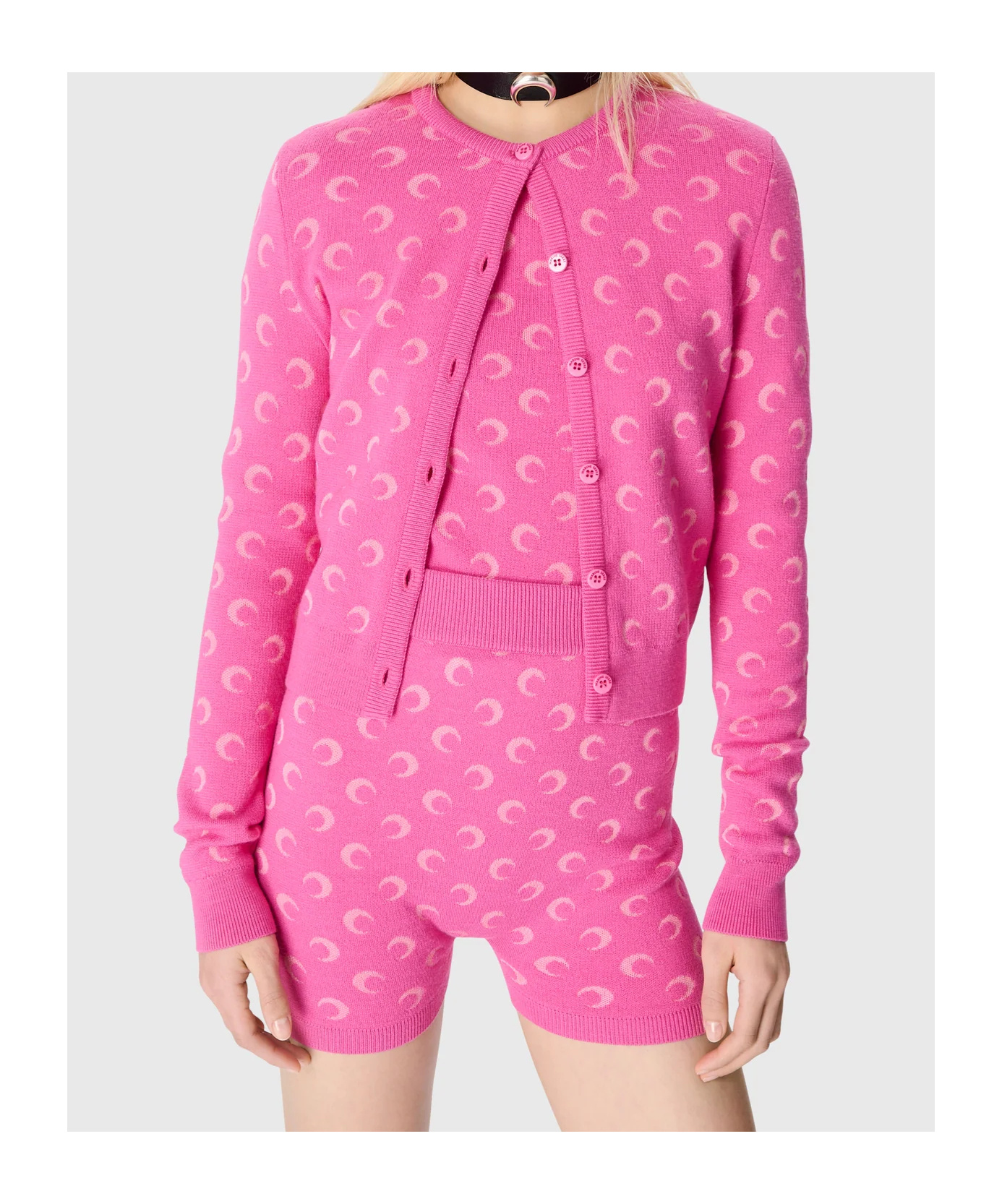 Marine Serre Moon Jacquard Knit Fitted Cardigan In Pink