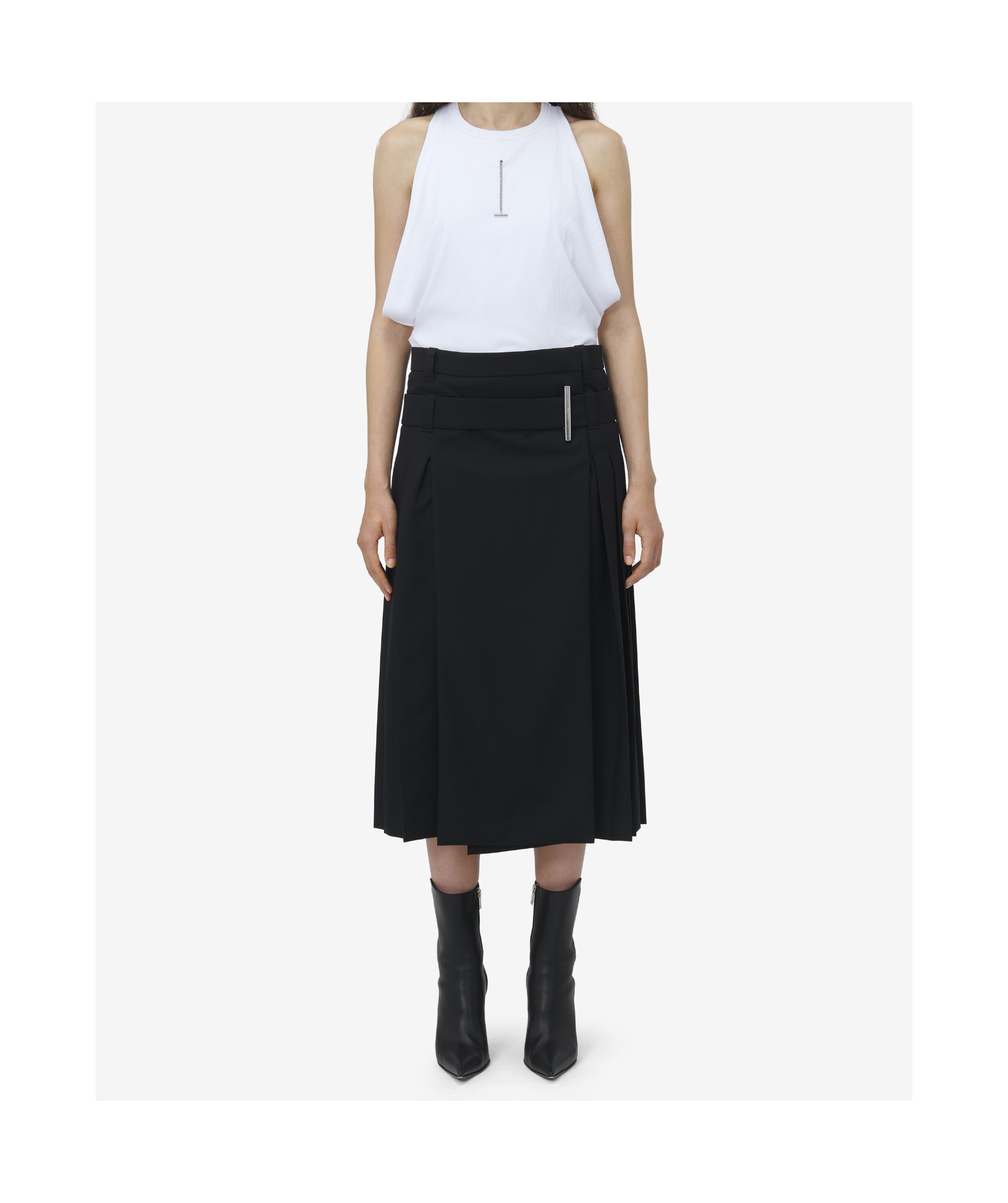 Alexander Mcqueen Belted Pleated Midi Wool Skirt In Black