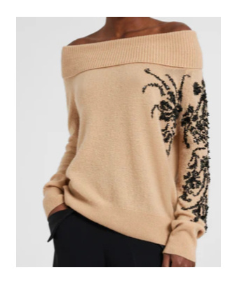 Ermanno Scervino Pure Cashmere Sweater With Hand-embroidered Iris And Crystals In Neutral