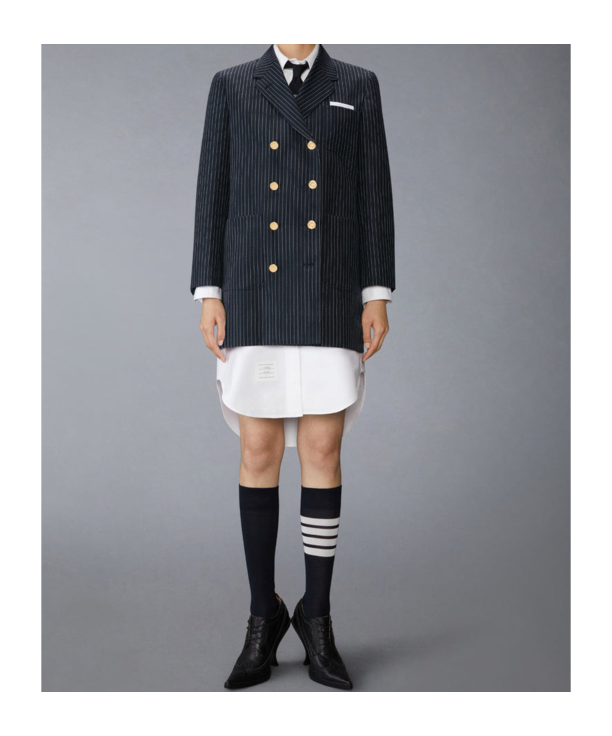 Thom Browne Pinstripe High Twist Wool Sack Sportcoat Dress In Blue