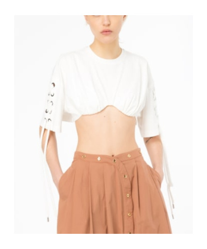 Pinko Lace-up Cropped T-shirt In White