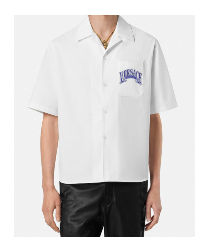 Versace Medusa Logo Cotton Poplin Camp Shirt In White