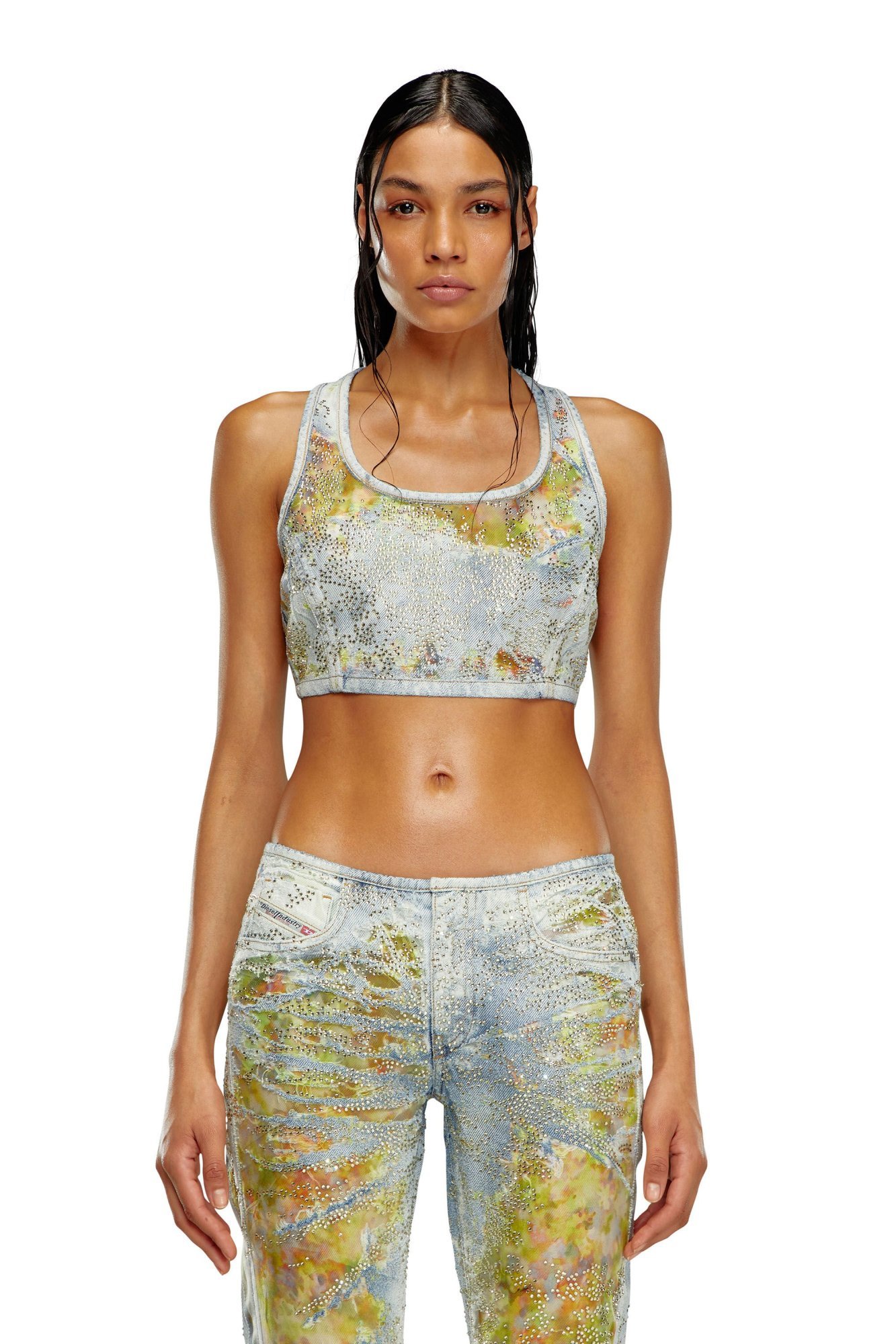 Diesel Cropped Top In Flower Devoré Denim In White