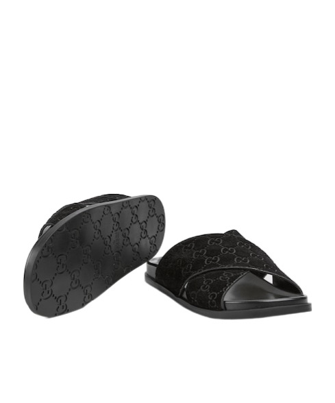 Gucci Men Black Suede Slippers In Black