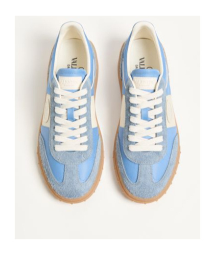 Valentino Upvillage Sneaker In Crust Leather With Nappa Calfskin Leather Band In Gray/sky Blue