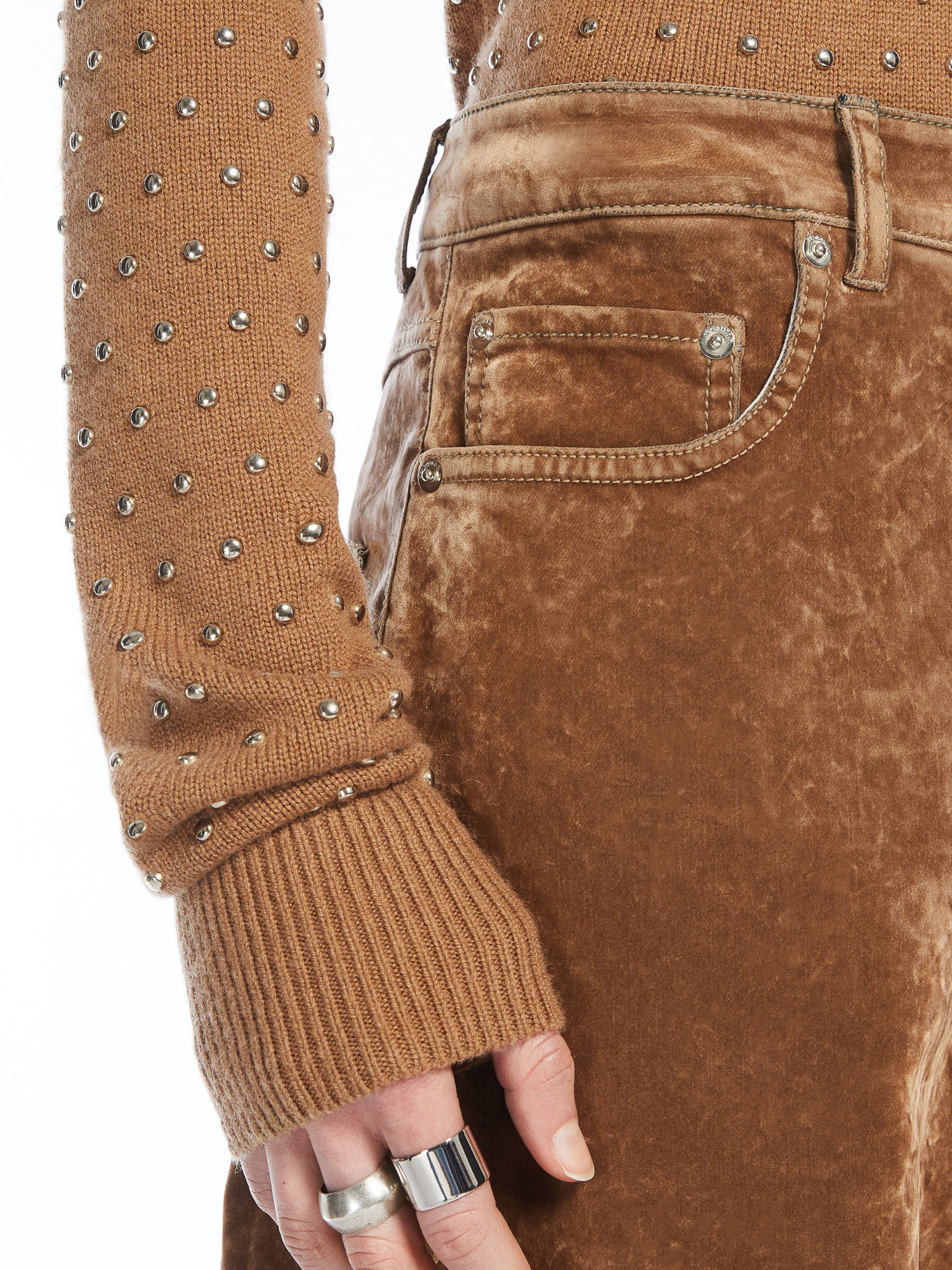 Sportmax Extra Large Flocked Denim Five-bag Pants In Brown