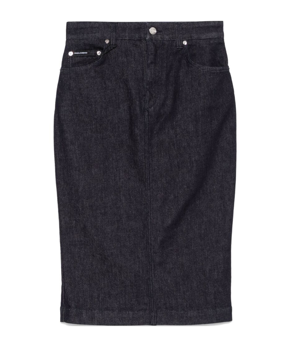 Dolce & Gabbana Navy Stretch Five Pocket Pencil Denim Midi Skirt In Black