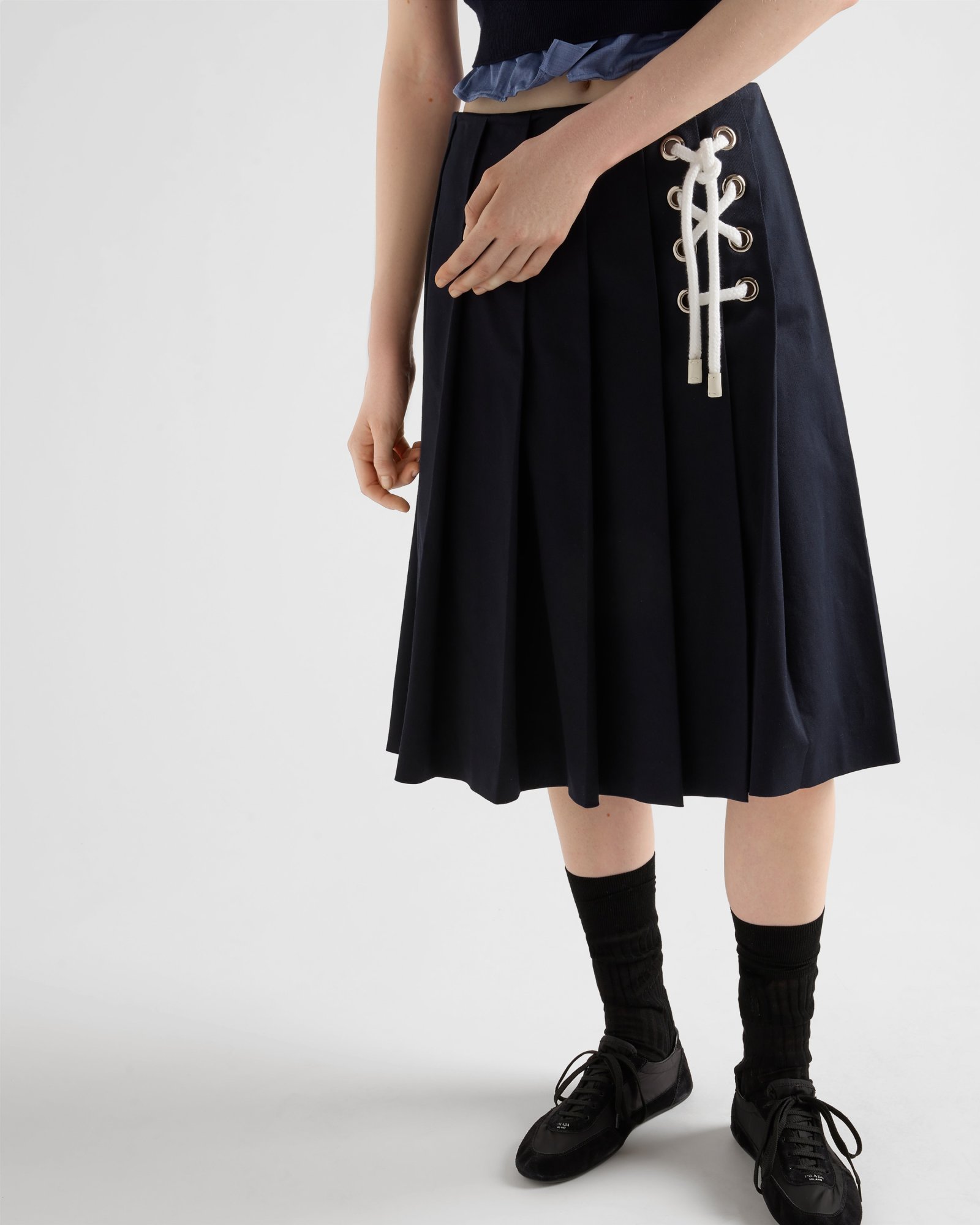 Prada Womens Blue Pleated Lace-up Stretch-cotton Midi Skirt In Navy Blue