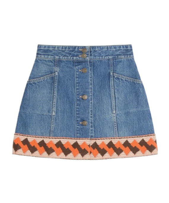 Shop Valentino Denim Skirt With Jacquard Trims In Blue