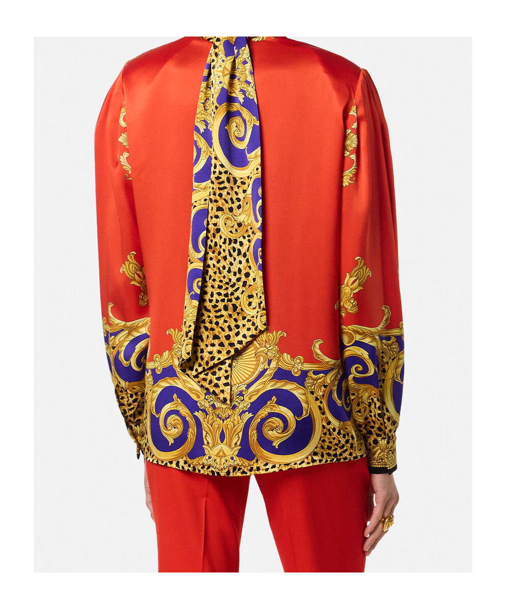 Versace Baroque-print Puff-sleeve Top In Green