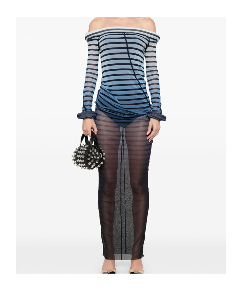 Jean Paul Gaultier Elegant Mesh Boat Neck Long Dress With 3d Collar And Cuff In Black