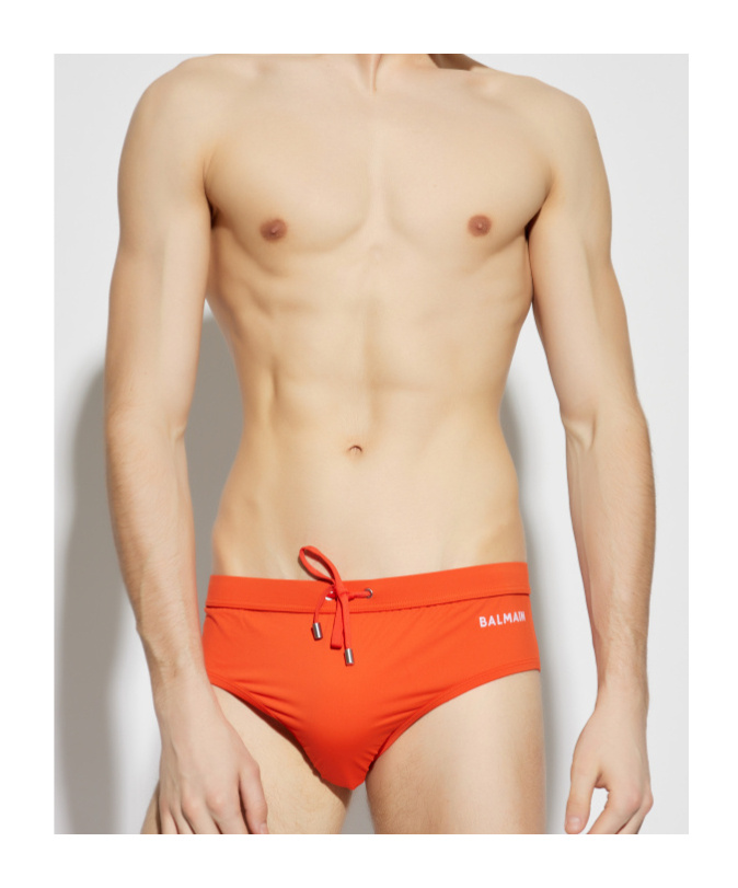 Balmain Logo Print Swim Briefs In Orange
