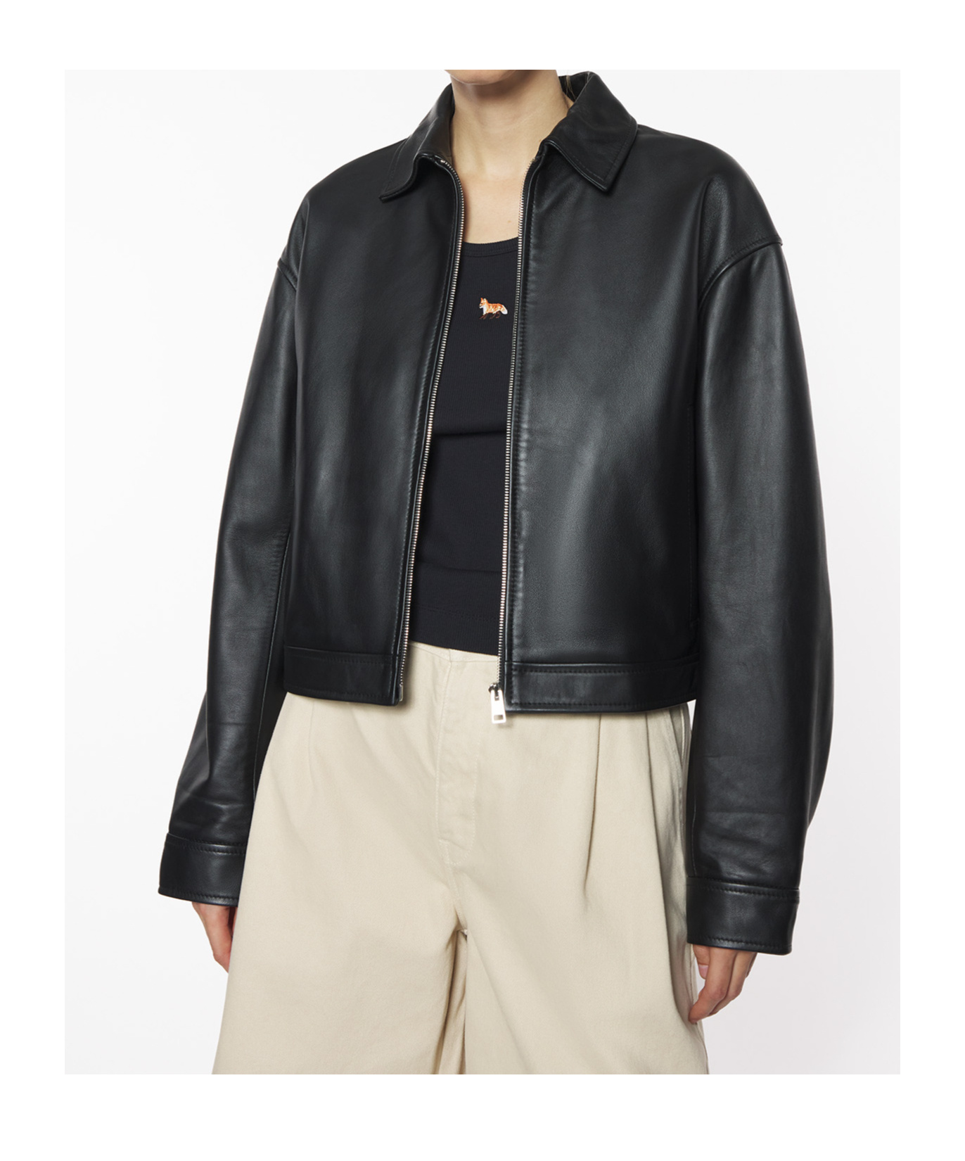 Shop Maison Kitsuné Cropped Leather Jacket In Black