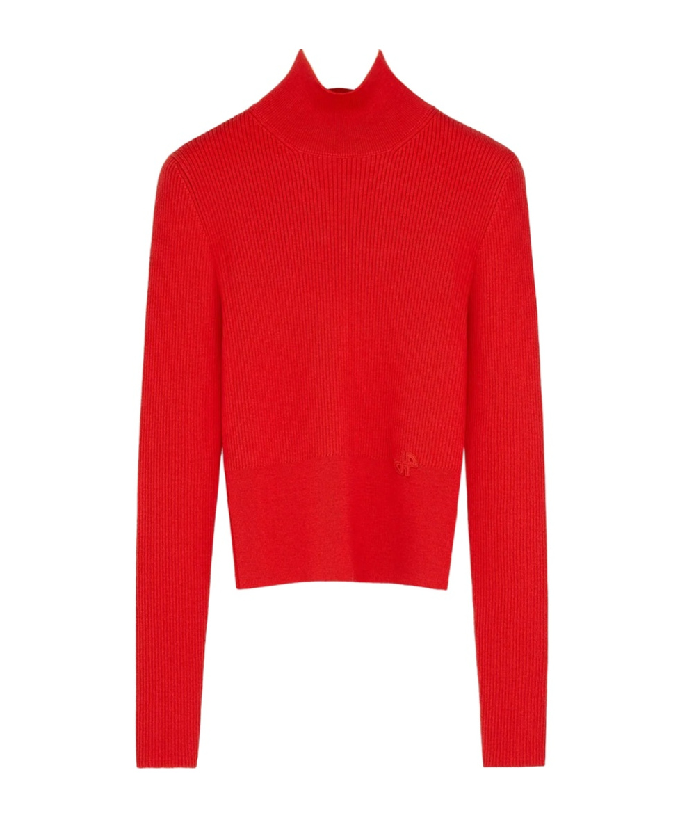 Patou Ribbed High Neck Jumper In Sustainable Wool Blend In Red