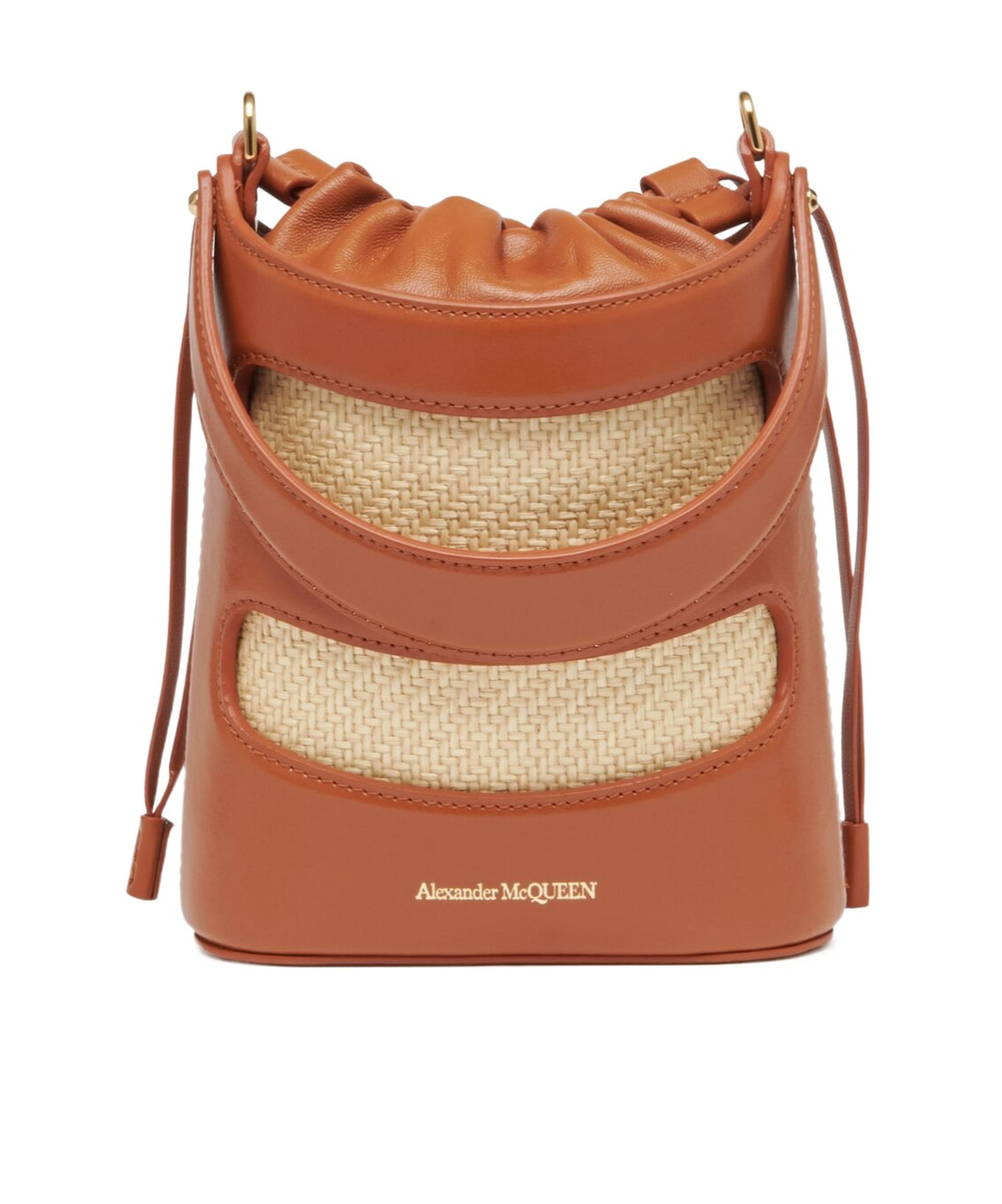 Alexander Mcqueen Women Two-tone Leather And Raffia Mini The Rise Bucket Bag In Brown